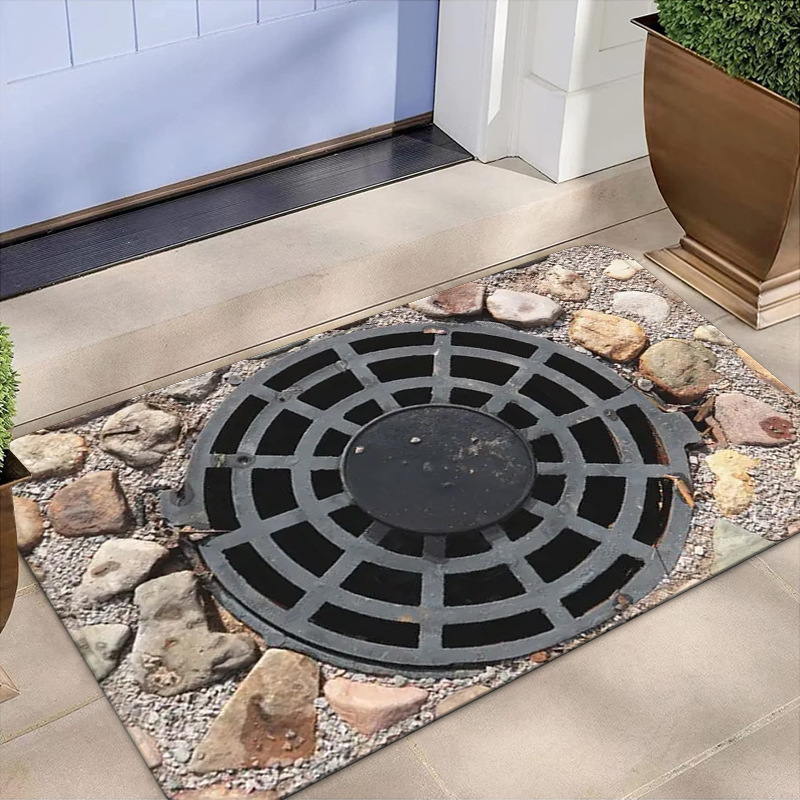 Tapete decorativo para porta de entrada com estampa 3D de tampa de bueiro, armadilha divertida para sala de estar, sofá, mesa de centro e sofá._voghion.com