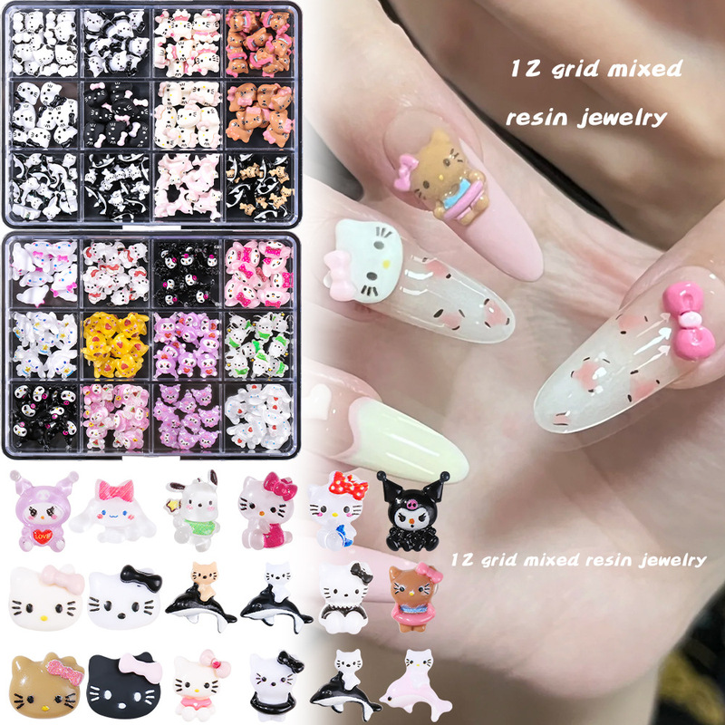 New 12 Gage Acrylic Boxed Sanrio Hello Kitty Kulomi Mixed Nail Ornament Pack for DIY