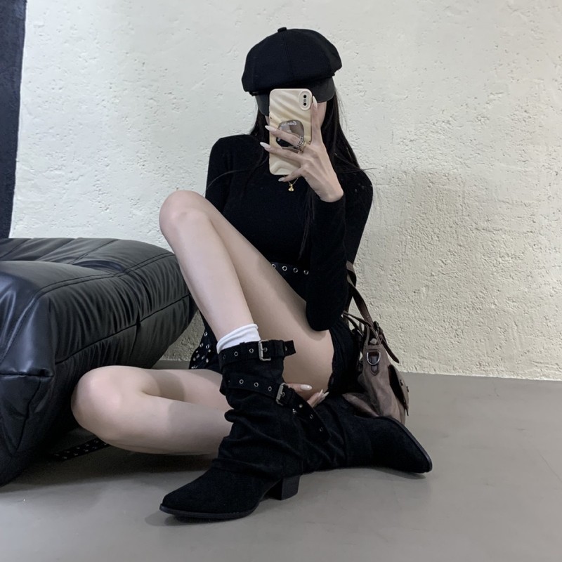 美式辣妹皮带扣裤管靴短筒靴女靴2025秋新款小众设计短靴西部靴|undefined