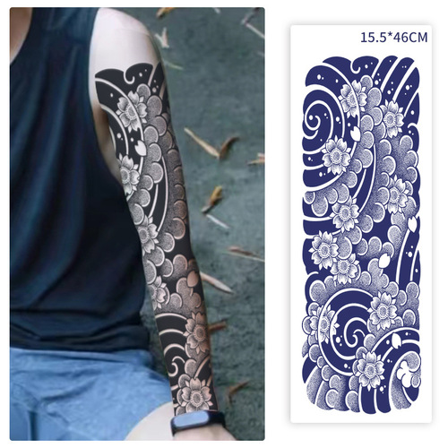 Semi-permanent juice herbal tattoo stickers for full arm, large flower arms, cherry blossom waves, flower legs, slowly developing color, non-reflective and waterproof