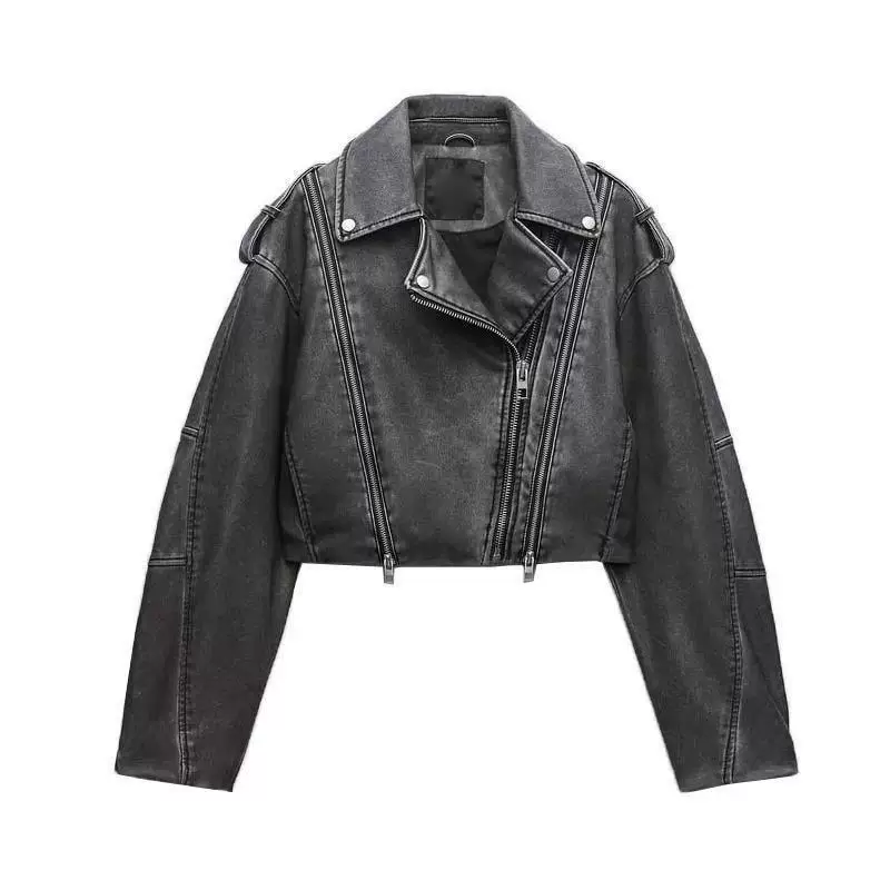 TAOP & ZA осень новая женская ретро дизайнерская куртка в старом эффекте imitation leather мотоциклетная куртка 4