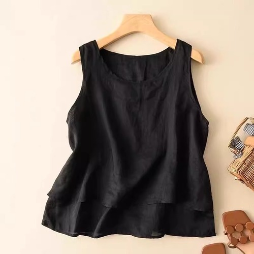 Loose and Comfortable Vintage Simple Design Crew Neck Top with Short Front and Long Back, Cotton-Linen Blend Tank Top for Plus Size