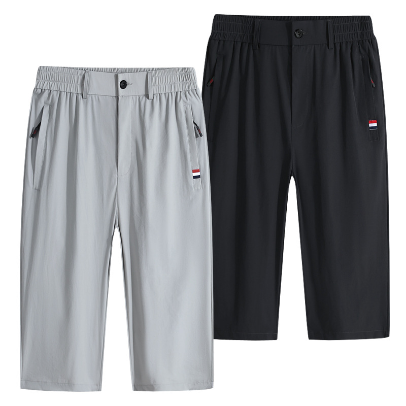 2025 New Summer Cropped Pants Men's Large Size Loose Ice Silk Quick-Drying Shorts Sports Beach Pants Medium Pants Breathable Running