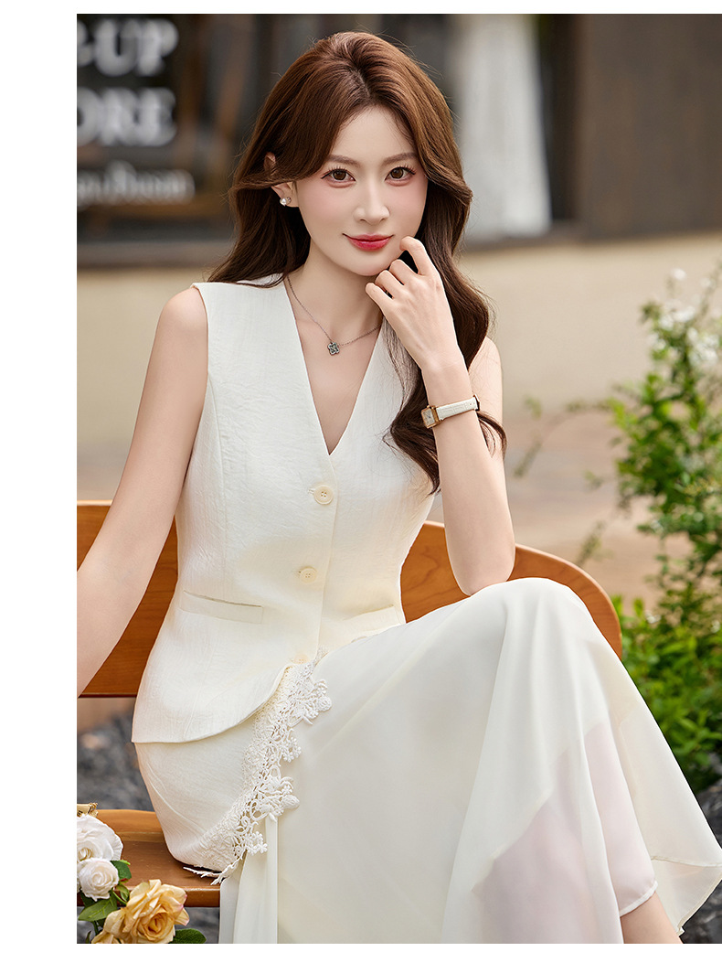Bộ áo gile không tay và chân váy nữ cao cấp 2026 thiết kế thanh lịch tôn dáng hai mảnh YH6127 — Sữa hạnh nhân, màu trắng ngà chi tiết 21