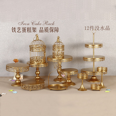 Decoración de mesa de postres de boda de oro, estante de pastel europeo, propósitos de boda, bandeja de pastel de encaje, estante de refrigerio de hierro forjado, 12 juegos