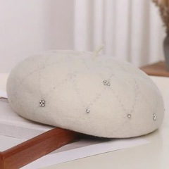 日系手工珍珠银丝水钻羊毛贝雷帽子女秋冬新款画家帽大头围度假风