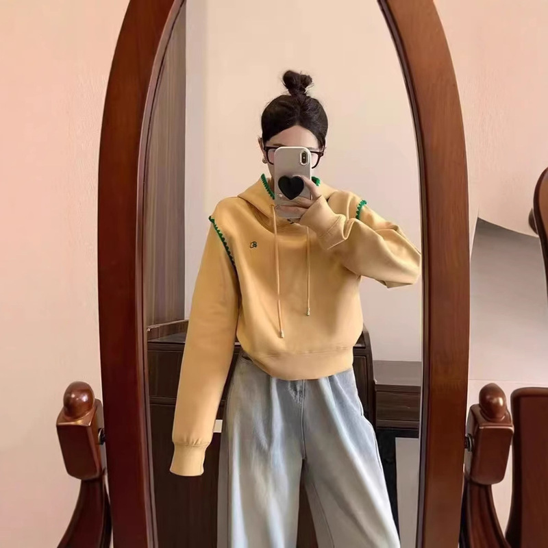 Autumn and Winter New ADER Contrast Color Small Label Embroidered Fake Two-piece Hooded Sweater Short Casual Lazy Shell Embroidered Hoodie for Women