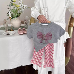 韓系卡通百搭女童夏季套裝2024新洋氣印花短袖格子微喇叭褲兩件套