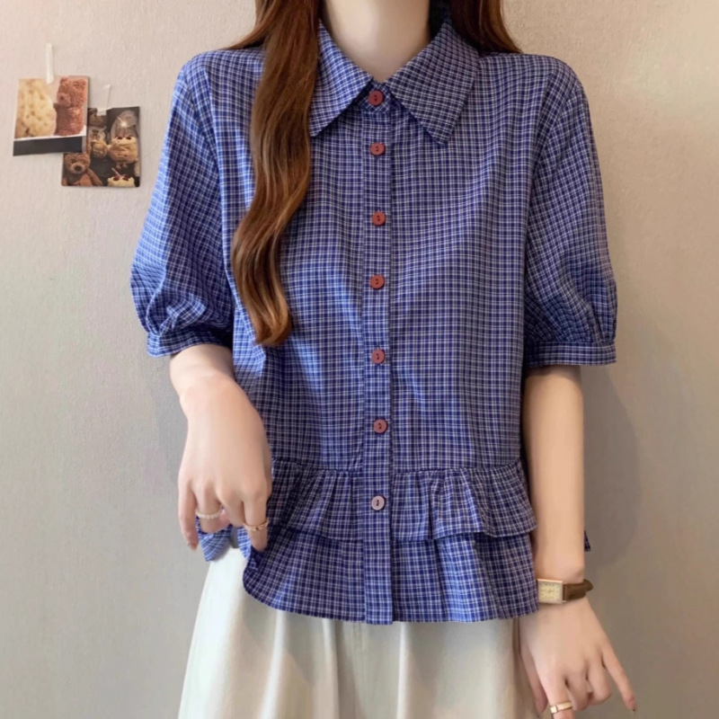 Plus-Size French-Style Vintage Blue Plaid Short-Sleeve Shirt for Women, Summer Ruffled Loose Fit, Flattering and Slimming Top Plus-Size French-Style Vintage Blue Plaid Short-Sleeve Shirt for Women, Summer Ruffled Loose Fit, Flattering and Slimming Top