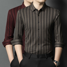 2024秋冬厚款男士羊绒衬衫商务休闲上衣绵羊毛百搭长袖条纹衬衣男