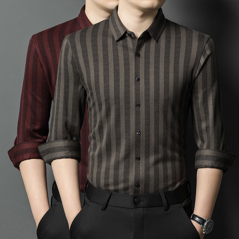 2024 Autumn and Winter Thick Men's Cashmere Shirt Business Casual Top Sheep Wool All-match Long-sleeved Striped Shirt for Men