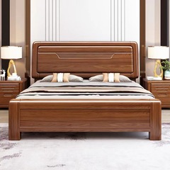中式胡桃木實木床現代簡約1.5米單人床1.8米主臥雙人床高箱儲物床
