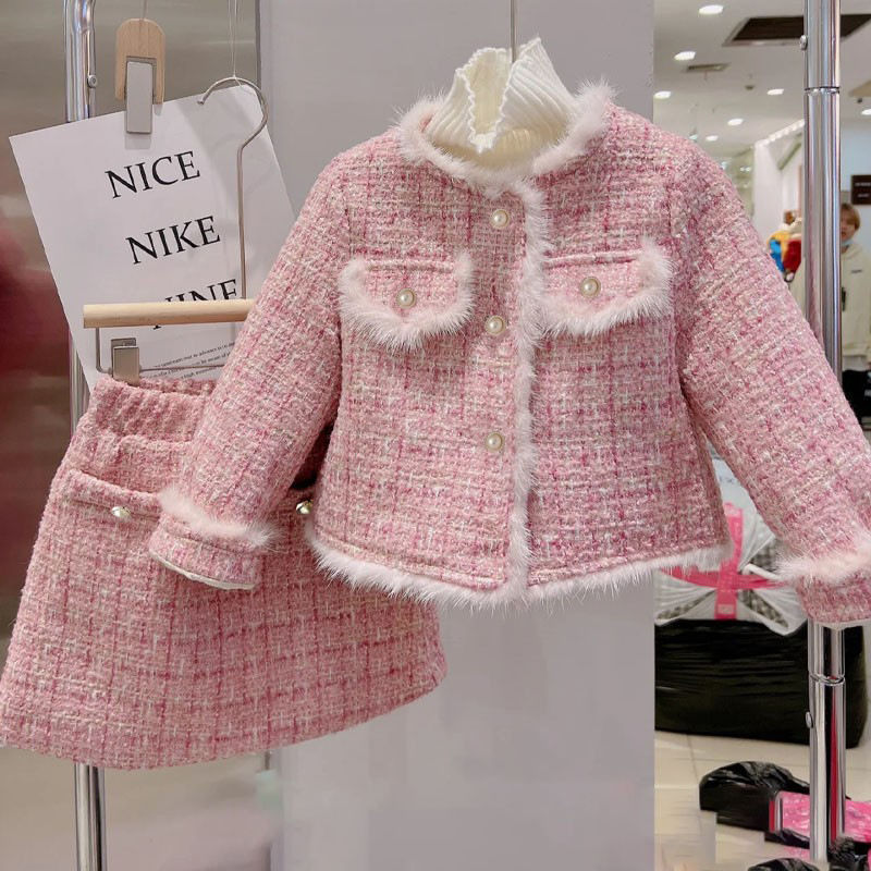 女童小香风夹棉套装时髦秋冬2023年新款气质名媛外套半身裙两件套
