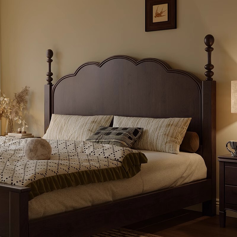 Marseille Bed, All Solid Wood Bed, 1.8m Vintage Style Master Bedroom Double Bed, American Style Bedroom, Light Luxury Large Bed, Rental House Bed