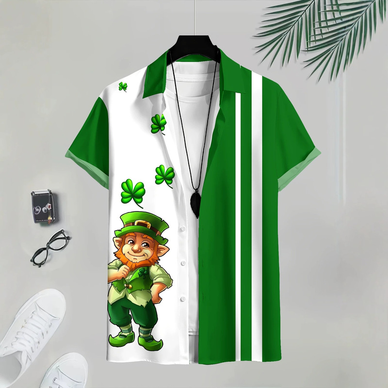 St. Patrick's Day Themed Short-Sleeved Shirt Cartoon Leprechaun Clover Print Men's Casual Shirt St. Patrick's Day Themed Short-Sleeved Shirt Cartoon Leprechaun Clover Print Men's Casual Shirt