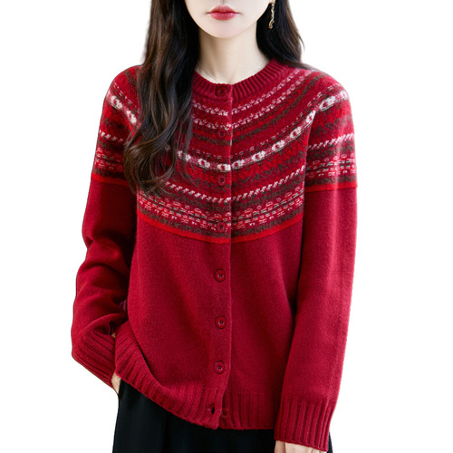 Autumn/Winter 100% Pure Wool Open Cardigan for Women, Thick Crew Neck Sweater Coat, Loose Korean Style Fair Isle Knit Top, Fashion