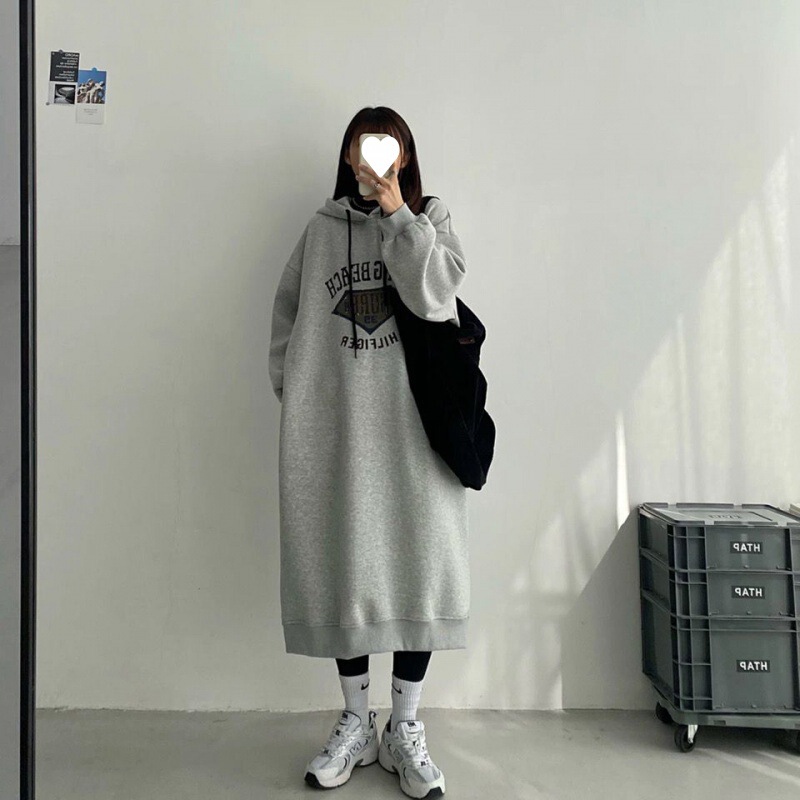 Chubby Girl extra large size 1.00 kg-150.00 kg autumn and winter letter hooded sweater dress for women fleece-lined wide lazy mid-length dress I Chubby Girl extra large size 1.00 kg-150.00 kg autumn and winter letter hooded sweater dress for women fleece-lined wide lazy mid-length dress I