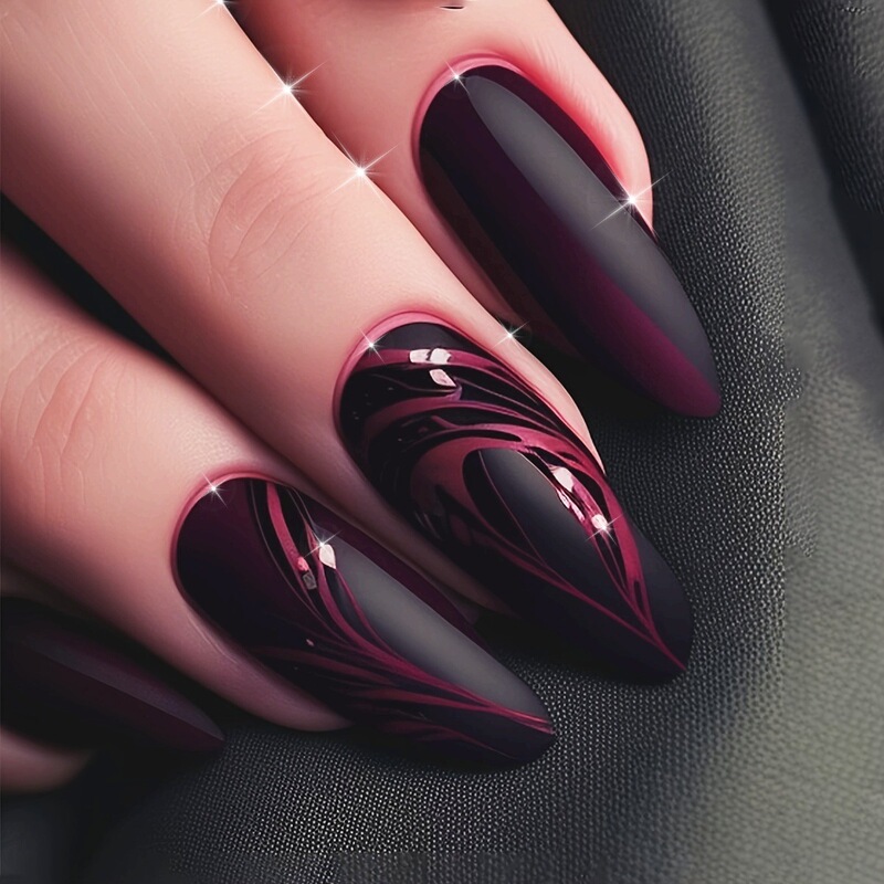 Mid-Length Almond-Shaped Autumn and Winter Black Frosted Texture Simple Dark Red Line Fake Nails Manicure Nail Pieces Mid-Length Almond-Shaped Autumn and Winter Black Frosted Texture Simple Dark Red Line Fake Nails Manicure Nail Pieces