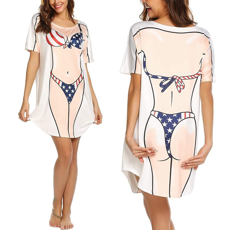 Factory Outlet Women's New Summer Loose Top Creative 3D Bikini Print Round Neck Short Sleeve Dress