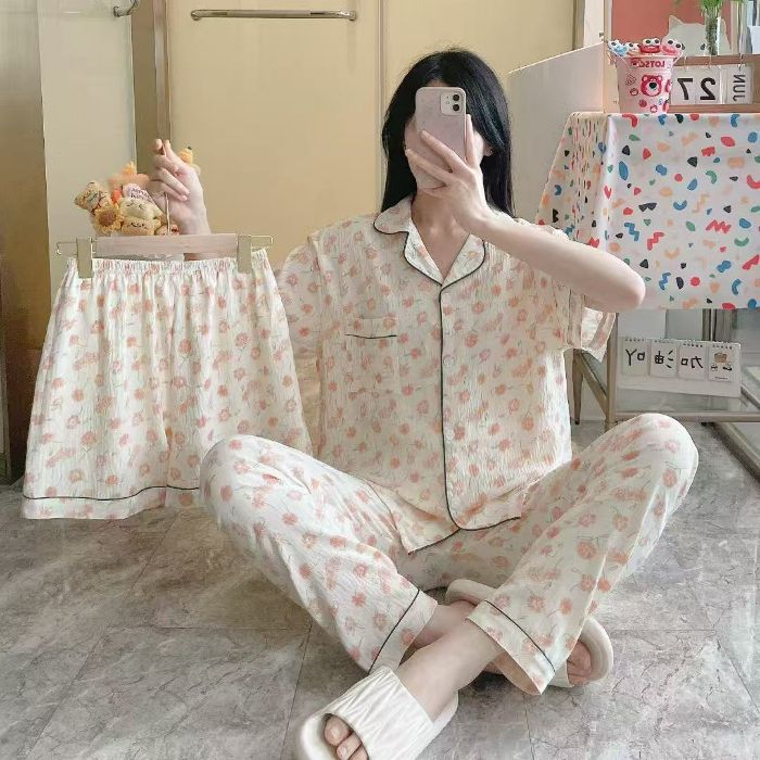 Venta al por mayor transfronteriza 120g pijamas de algodón de nube de verano de manga corta para mujer pantalones cortos de algodón de nube de verano de tres piezas servicio a domicilio de dibujos animados