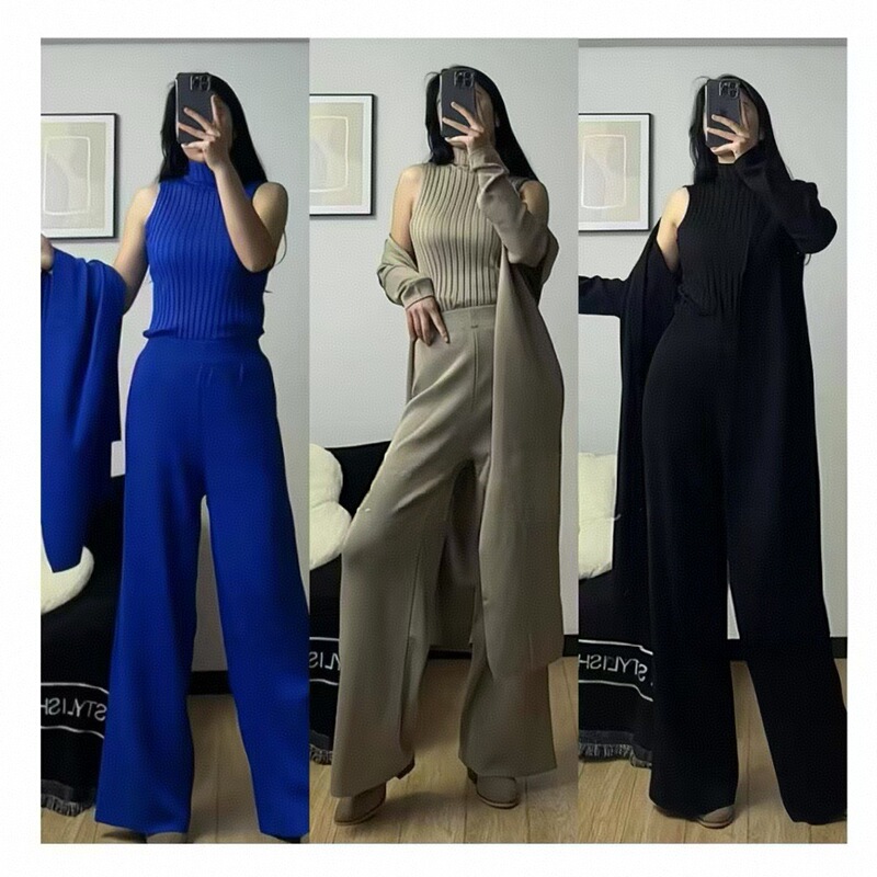 European and American Style Solid Color Casual suit Women's Shawl Coat V-Neck Base Knit Sweater Wide Leg Pants Three-Piece Set