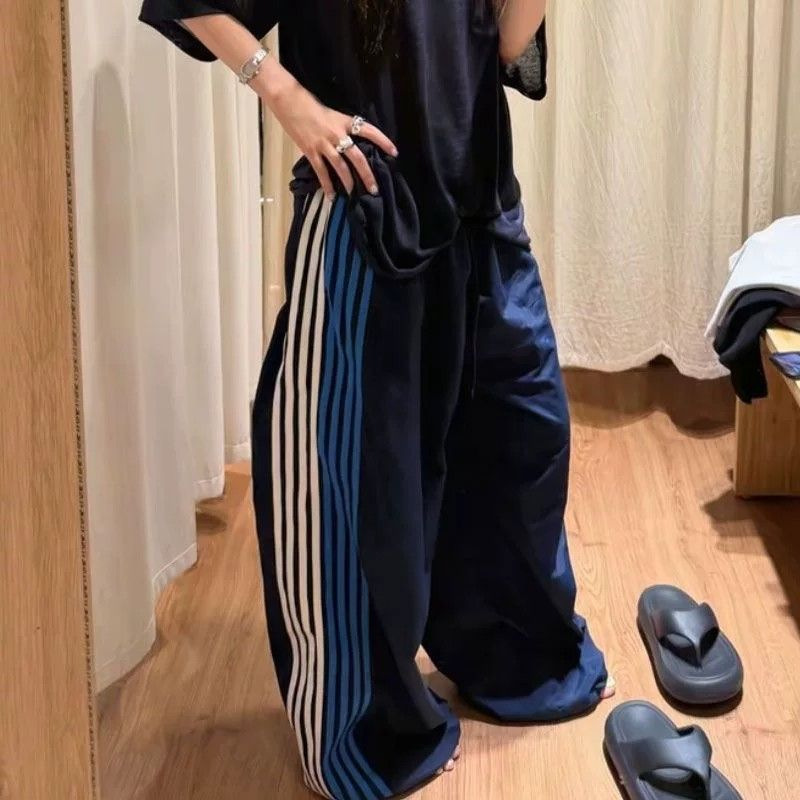 Side Stripe Color-Blocked Sports-Style Wide-Leg Pants for Women, Summer Thin Quick-Dry Loose Casual Lazy Style Jazz Dance Pants
