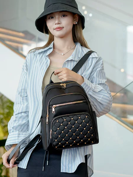 New Nylon Backpack Classic Nail Embroidery Korean Style Trendy Women's Backpack Large Capacity High-End Business Women's Bag