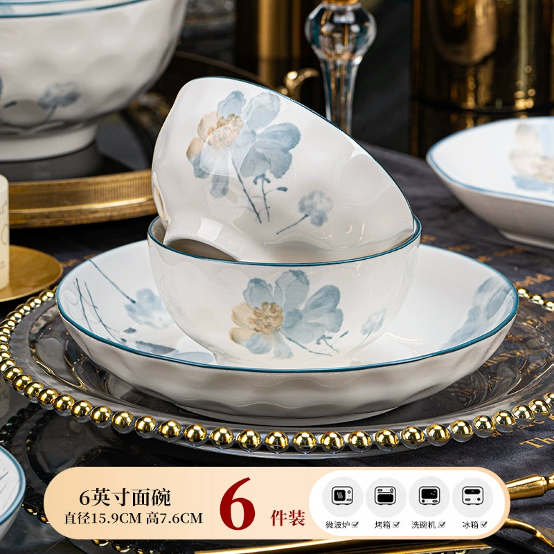Керамический набор посуды Jingdezhen Ningxiang, подглазурная цветочная роспись, разные размеры