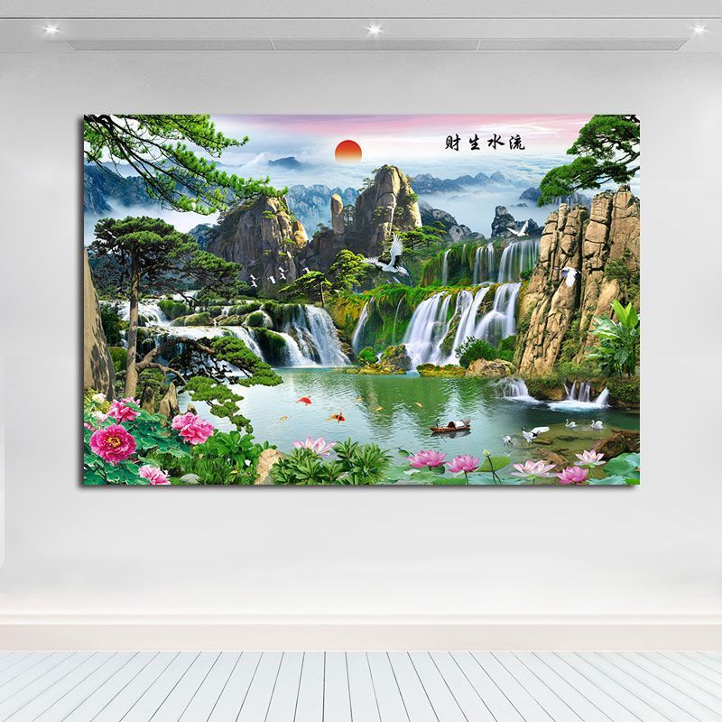 流水生財風景ポスター山水画壁貼りリビング装飾壁掛け絵テレビ背景壁自己貼り付け絵|undefined