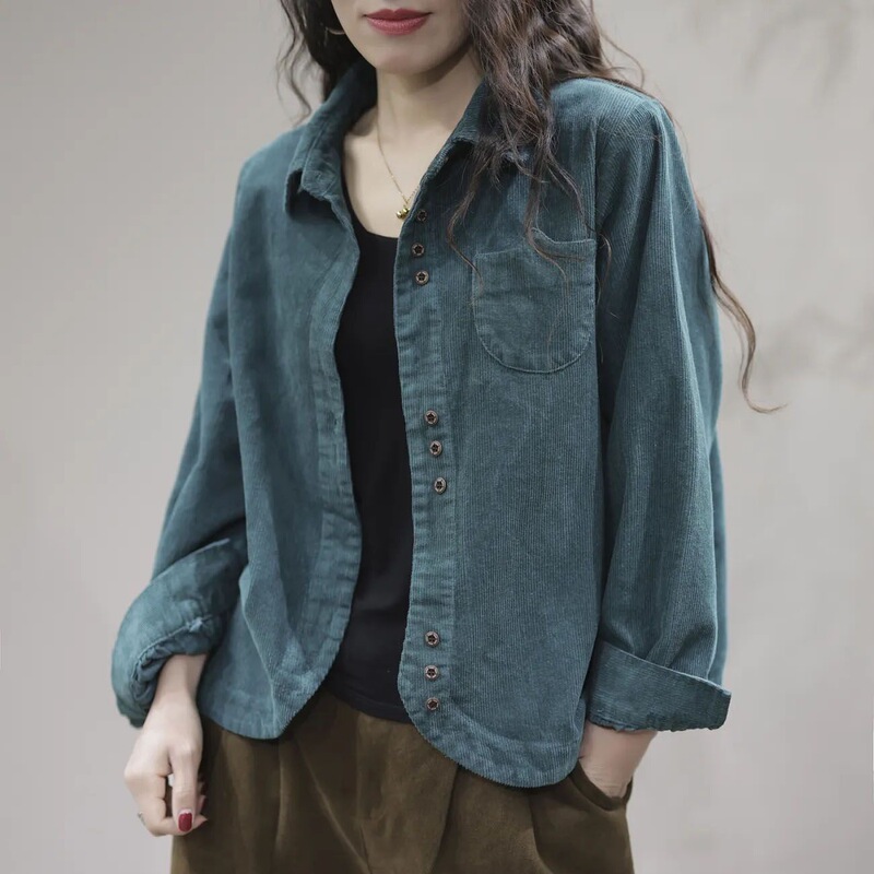2025 Spring and Autumn New Artistic Casual Fashion Black Long Sleeve Lapel Corduroy Women's Shirt Cardigan Women 2025 Spring and Autumn New Artistic Casual Fashion Black Long Sleeve Lapel Corduroy Women's Shirt Cardigan Women