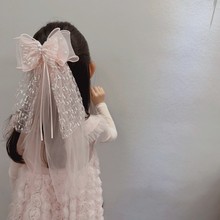 新款质感甜美后脑勺雪纺亮片蝴蝶结儿童头纱批纱节日发饰顶夹发卡