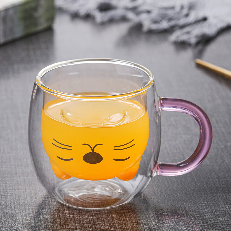Factory Japanese-style cat double-layer transparent glass cup borosilicate heat-resistant glass water cup milk juice breakfast cup