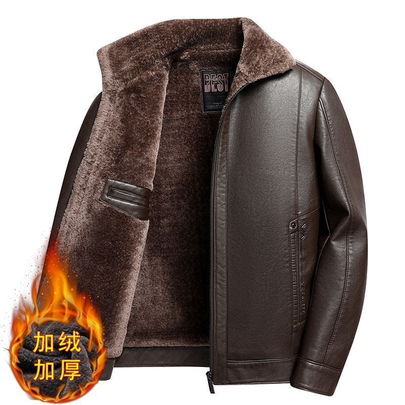 Leather and Fur Integrated Leather Jacket for Men in Winter, Fleece-Lined and Thickened, Suitable for Middle-Aged and Elderly Fathers