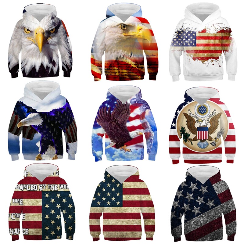 Europe and the United States Hot Sale Independence Day Flag Eagle Children's Hooded Sweater 3D Digital Printing Flower Boy Hoodie Men's Wholesale