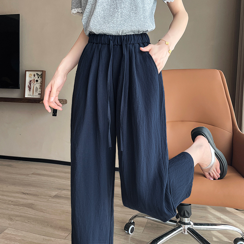 Nine-Point Summer Thin Ice Silk Cotton Linen Wide-Leg Pants for Women 2025 New Casual Straight-Leg Cropped Pants