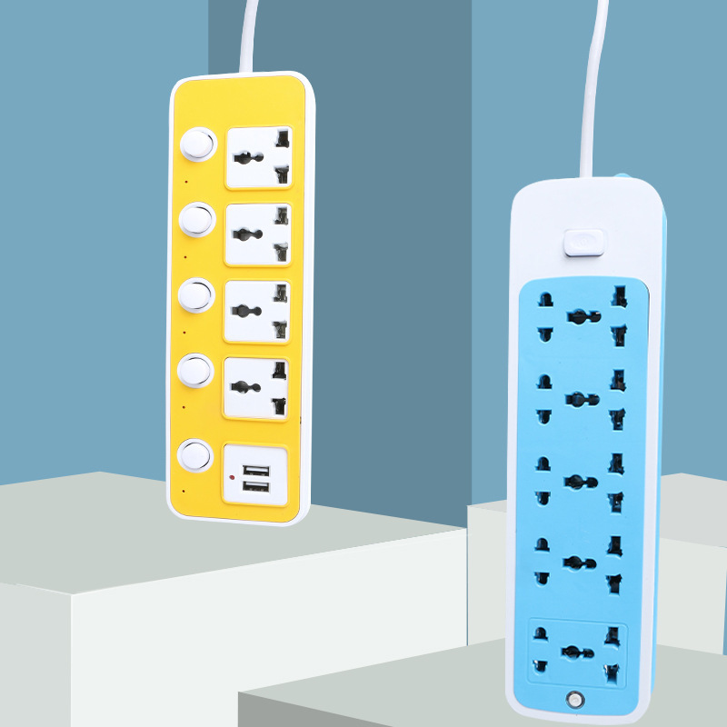 彩色电源多孔排插 宿舍家用USB插孔插排 大功率挂孔单独开关排插