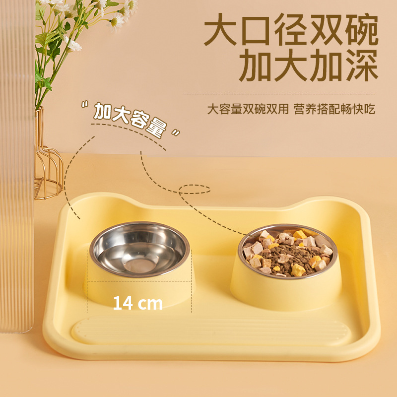 Gato y perro conjunto de alimentos protección contra el cuello oblicuo a prueba de fugas doble tazón de alimentos conjunto de plástico de acero inoxidable placa de mascotas