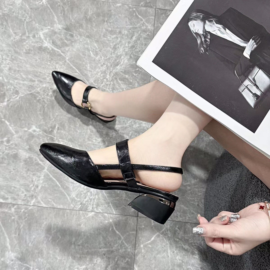 Sandal cao gót nữ mũi nhọn da thật, gót vuông 5 cm, quai ngang hở gót — Kaki-cao gót 5 cm chi tiết 10