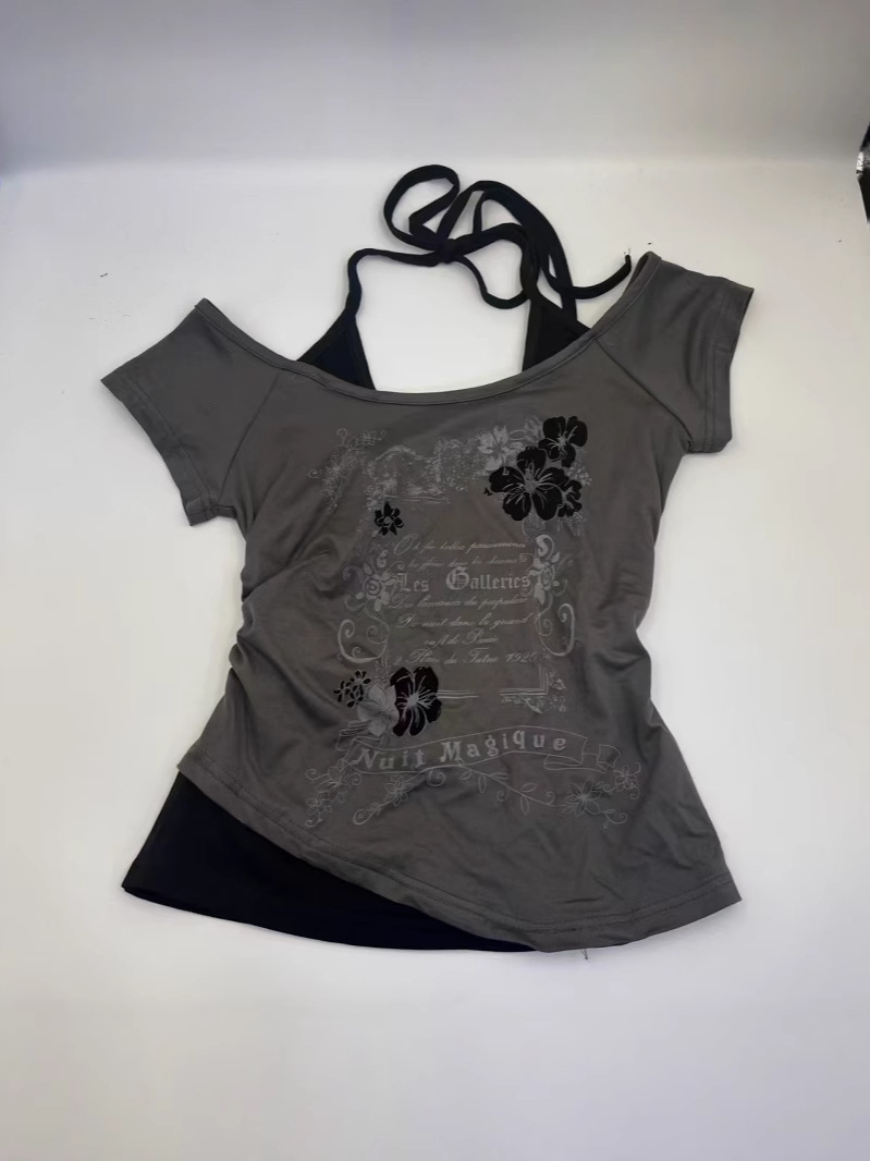 Retro summer T-shirt, set, straps, American style, slim fit
