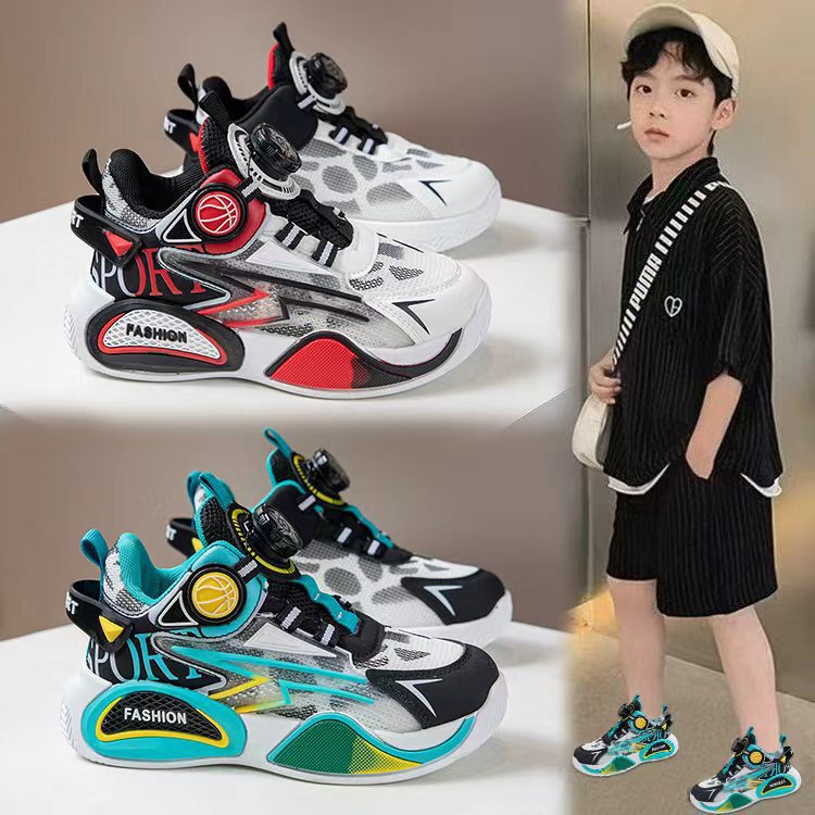 Boys' Basketball Shoes 2026 Spring and Autumn Mesh Breathable Rotating Buckle Sports Shoes Boys' Soft Sole Breathable Mesh Shoes