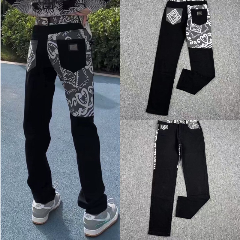 DG杜嘉24ss秋冬新款男士修身牛仔裤小脚印花长裤直筒拼接帅气潮男