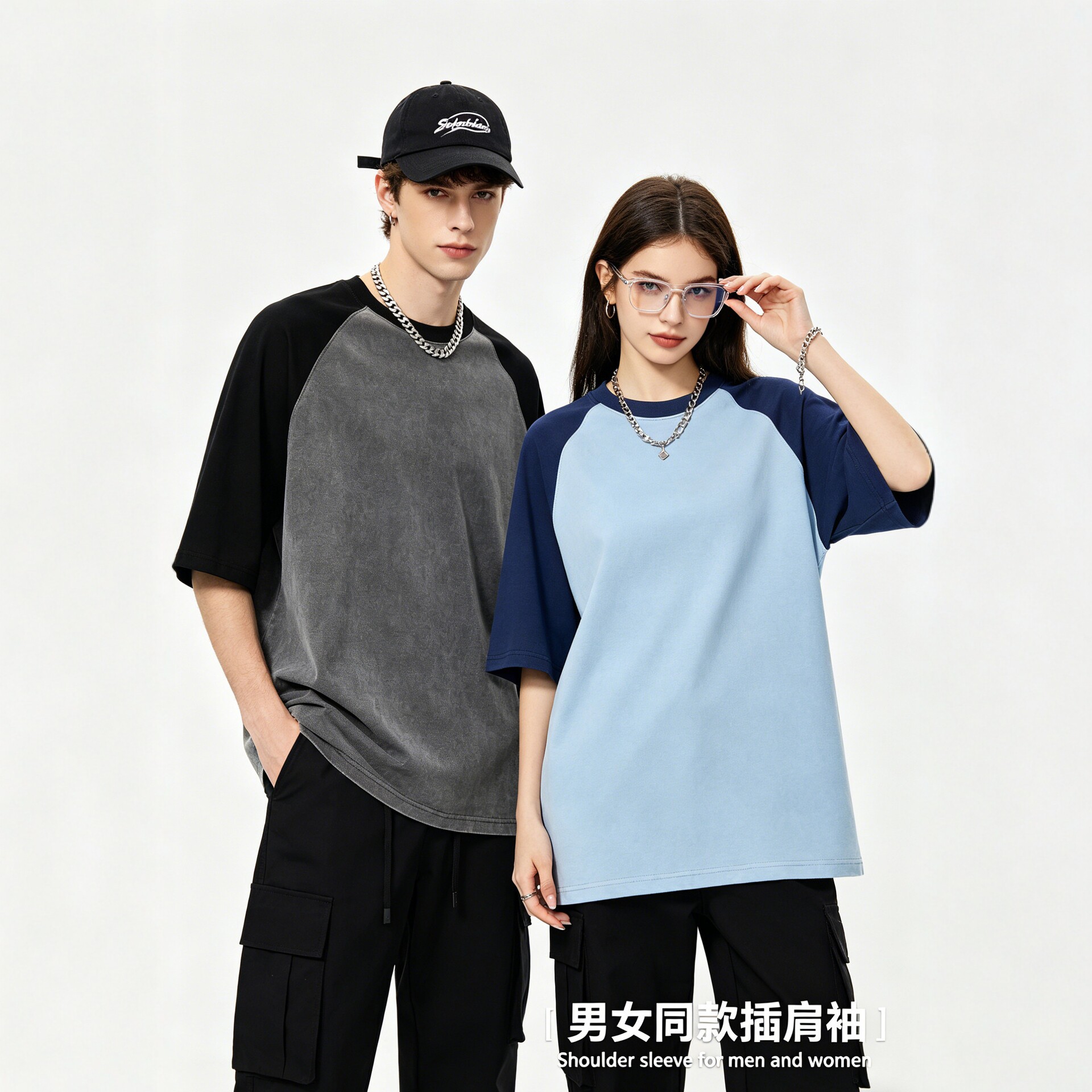 复古撞色插肩袖双纱T恤男夏季宽松圆领纯棉短袖男女情侣上衣批发