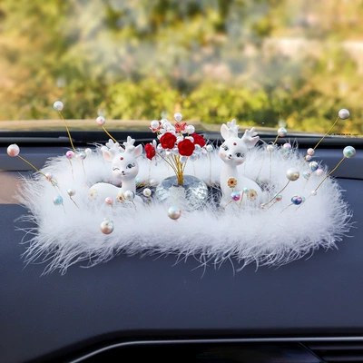 New online celebrity couple deer car decoration car cartoon cute diamond deer starry feather pad rose decoration (Car ornaments) - colorful-starry-pearl-feather-pad-diamond-couple-deer-white-colorful-red-rose-starry-sky