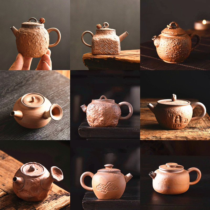 Rustic ceramic single-person small teapot, wood-fired ceramic small tea pot, kiln-fired finger-sized teapot, small capacity tea brewing set 130ml