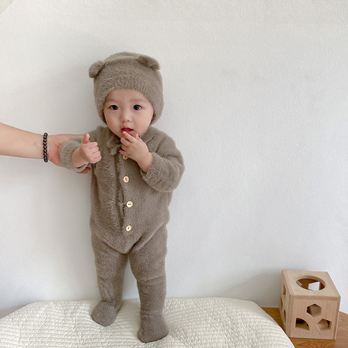 Internet celebrity ins baby autumn jumpsuit baby 100-day clothes mink velvet cute bear foot-covering crawl suit for going out