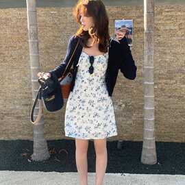 柠檬绿茶春季新款法式碎花吊带连衣裙女针织开衫两件套小个子穿搭