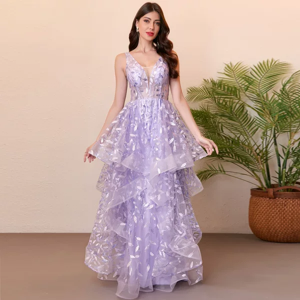 Cross-Border European and American Purple Sequined Sleeveless V-Neck Prom Evening Dress for Women, Fashionable Coming-Of-Age Ceremony Elegant and Sweet Dress