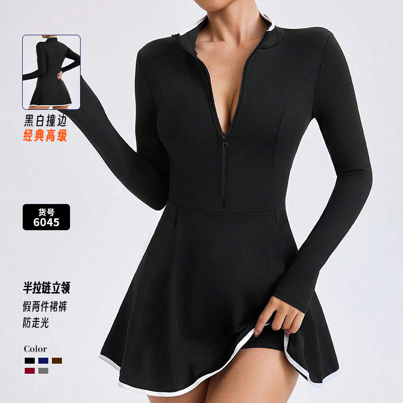 Cross-Border Factory Wholesale Long-Sleeved Zippered One-Piece Skirt Outdoor Sports Yoga Jumpsuit High-Elastic Yoga Wear Tennis Skirt