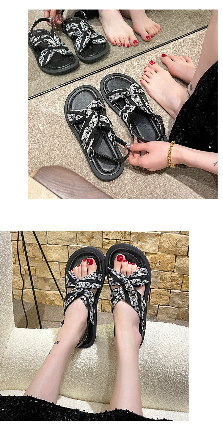 Zomer nieuwe letterstof modieuze en comfortabele zachte zool geurige wind platte gesp sandalen_voghion.com