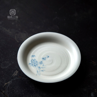 Quiet Wind Powder Hand-painted Blue Bamboo Qinghuan Pot Bearing Ceramic Cover Bowl Bottom Tea Ceremony Accessories Household Fruit Plate Refreshment Plate